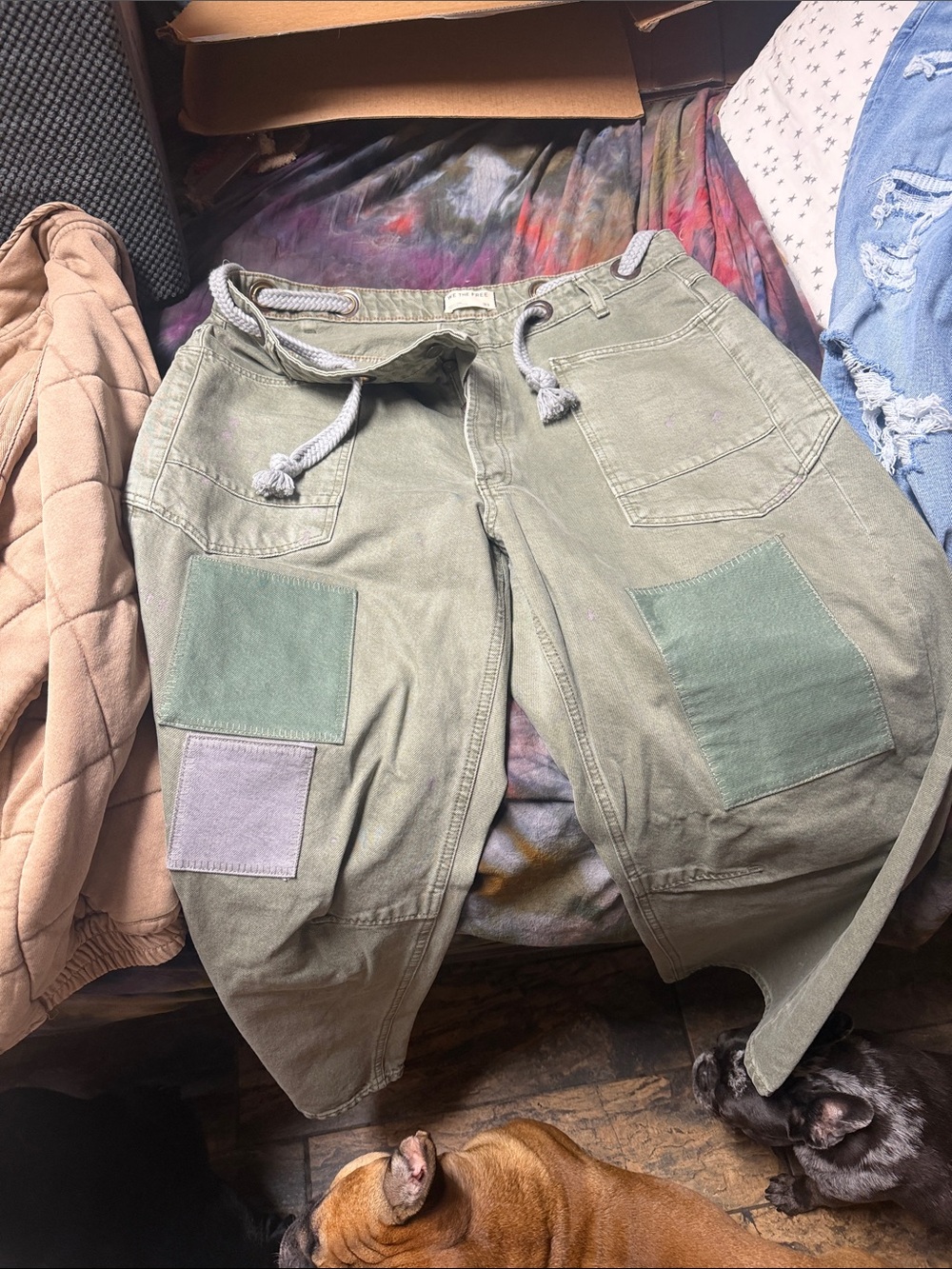 Free People Olive Green Patchwork Cargo Jeans